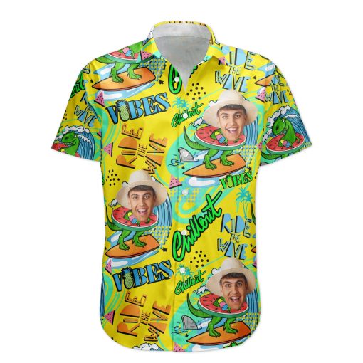 Cool Dinosaur On A Surfboard Ride The Wave - Personalized Photo Hawaiian Shirt - Image 2