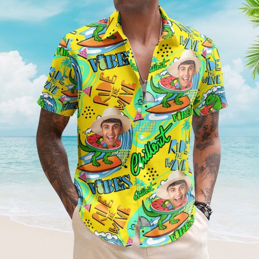 Cool Dinosaur On A Surfboard Ride The Wave - Personalized Photo Hawaiian Shirt - Image 6