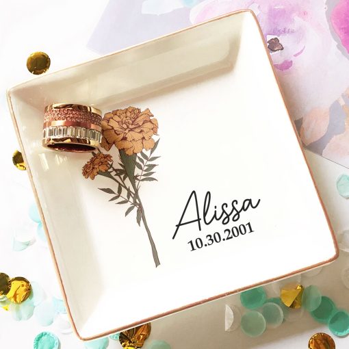 Custom Name And Birth Flower - Personalized Jewelry Dish - Image 3