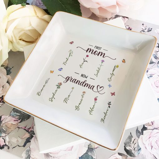 First Mom Now Grandma Birth Flowers - Personalized Jewelry Dish - Image 2