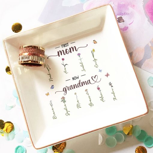 First Mom Now Grandma Birth Flowers - Personalized Jewelry Dish - Image 3