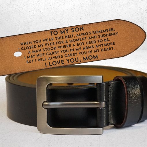 To My Son I Carry You In My Heart From Mom Dad - Personalized Engraved Leather Belt - Image 2