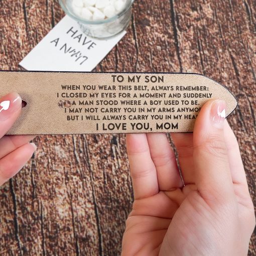 To My Son I Carry You In My Heart From Mom Dad - Personalized Engraved Leather Belt - Image 4